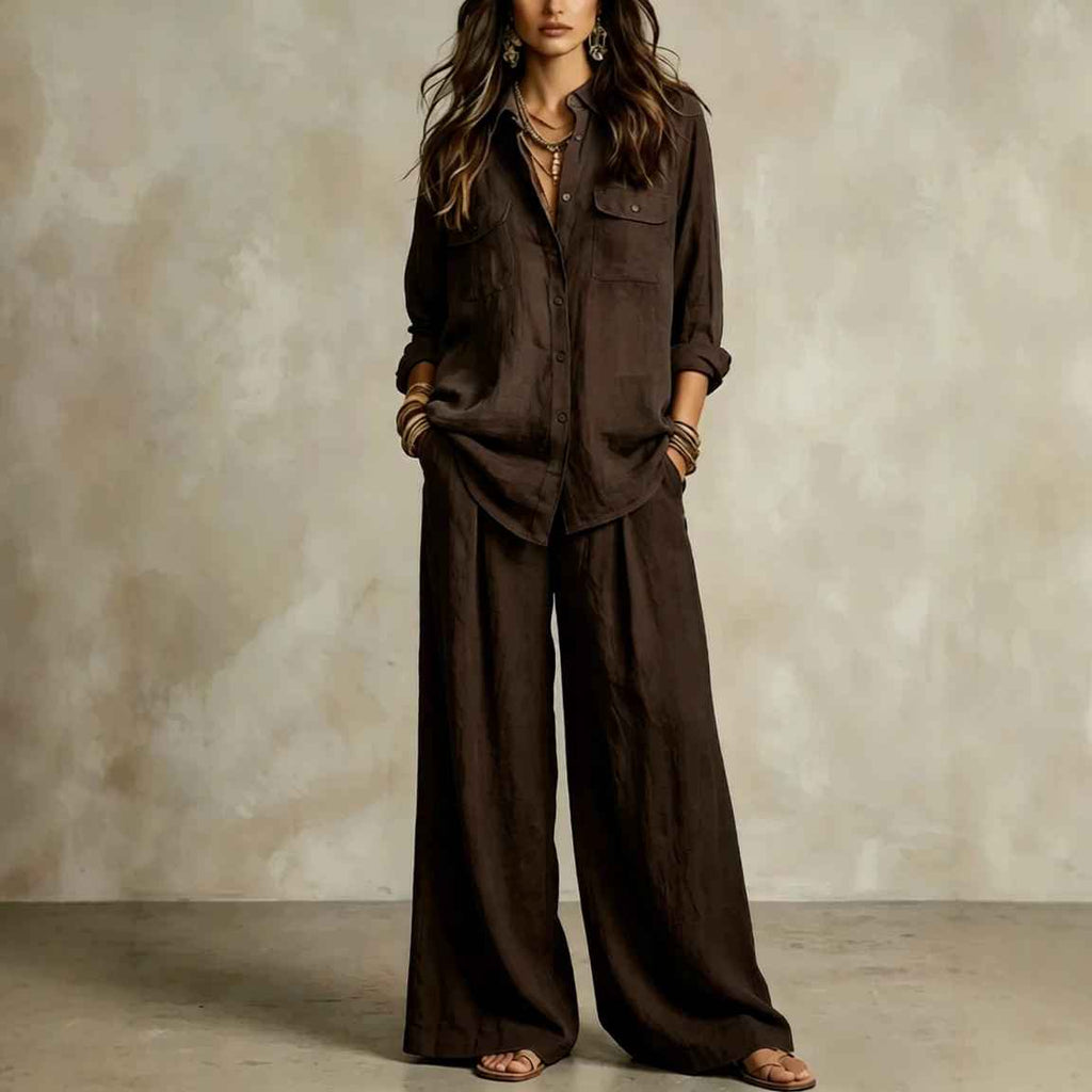Chic Linen Set for Women, Breathable Lightweight Long Sleeve Shirt with Drapey Wide-Leg Pants, Vacation Style Casual Outfit - MODALIFE