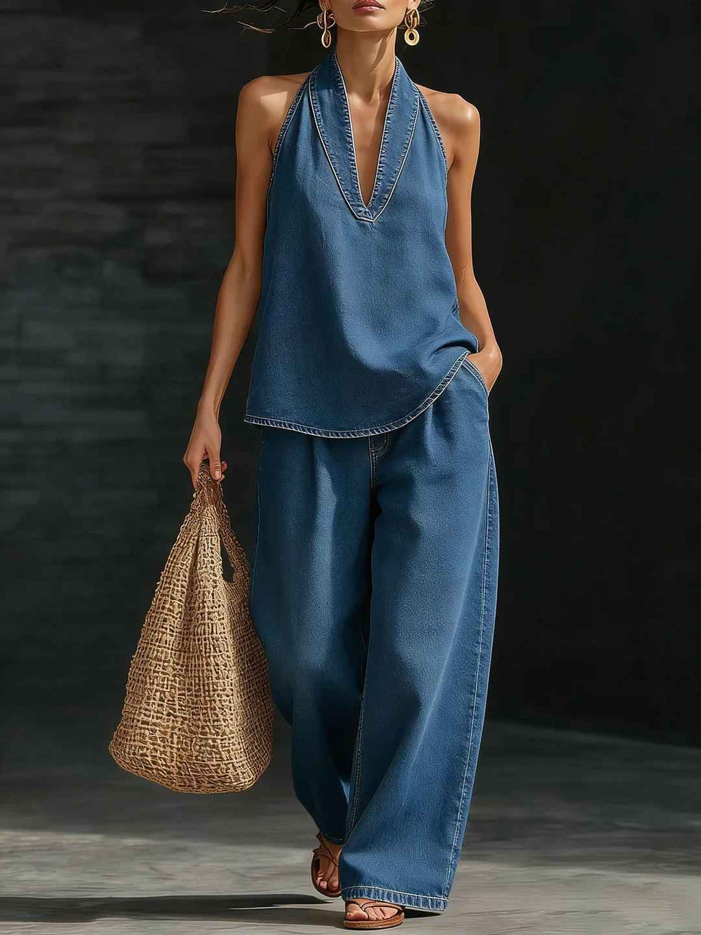 V-neck sleeveless top straight leg pants set - MODALIFE