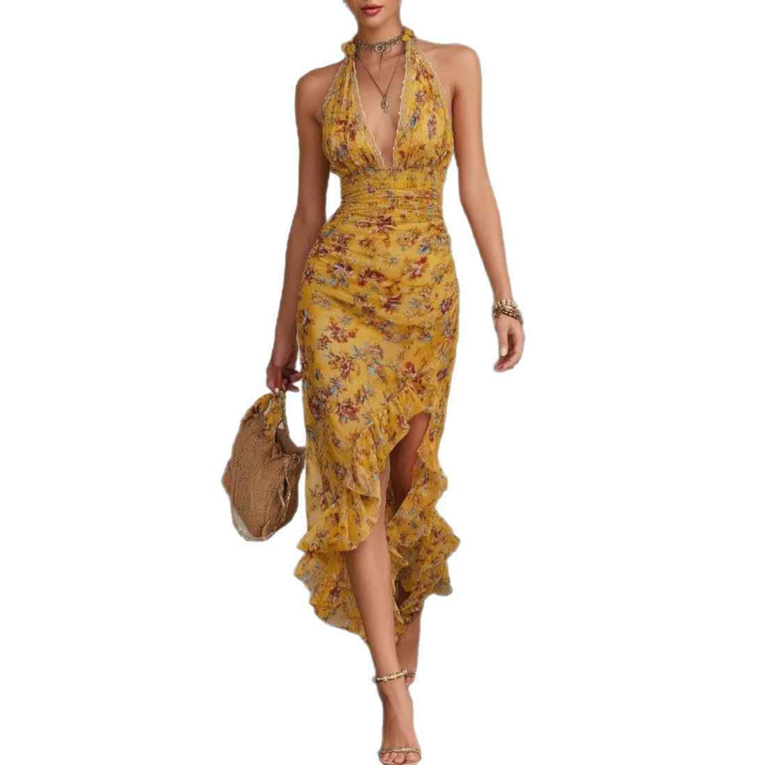French Vintage Yellow Floral Halter Neck Dress Deep V Waist-Cinching Split Ruffle Slimming Elegant Dress - MODALIFE