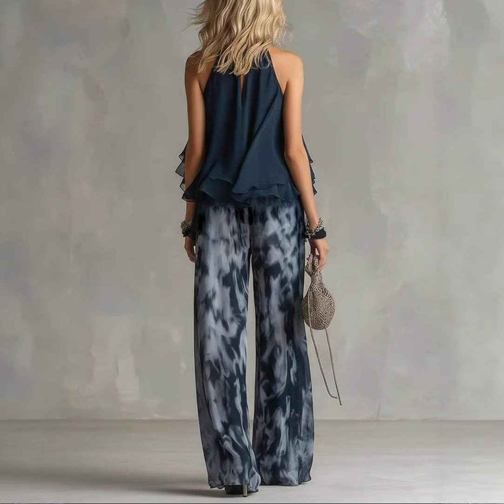 Sleeveless Halter Neck Top with Printed Wide Leg Pants Summer New Arrival - MODALIFE