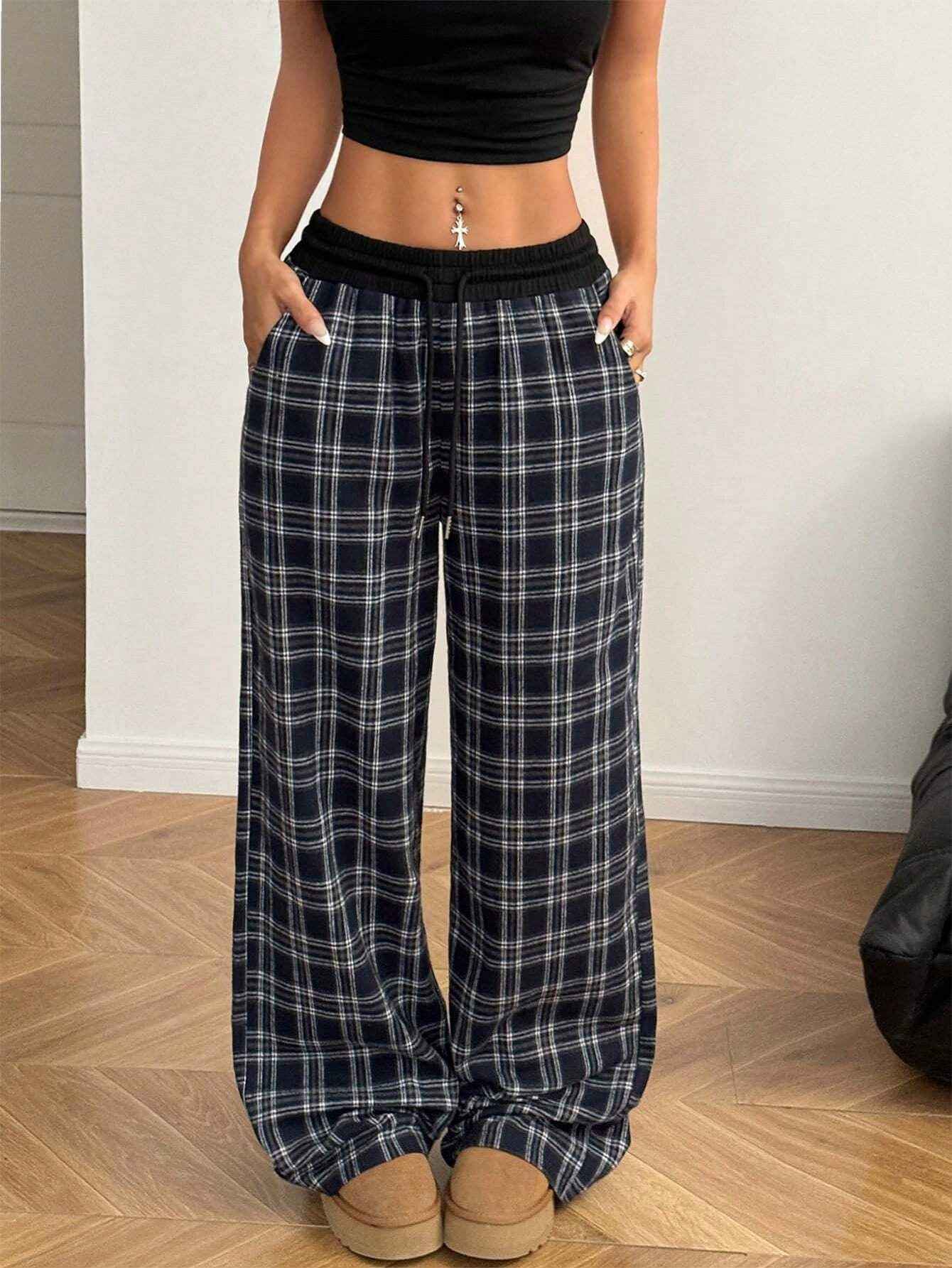 Loose Lazy Style Straight Leg Plaid Patchwork High Waist Drape Casual Sweatpants - MODALIFE