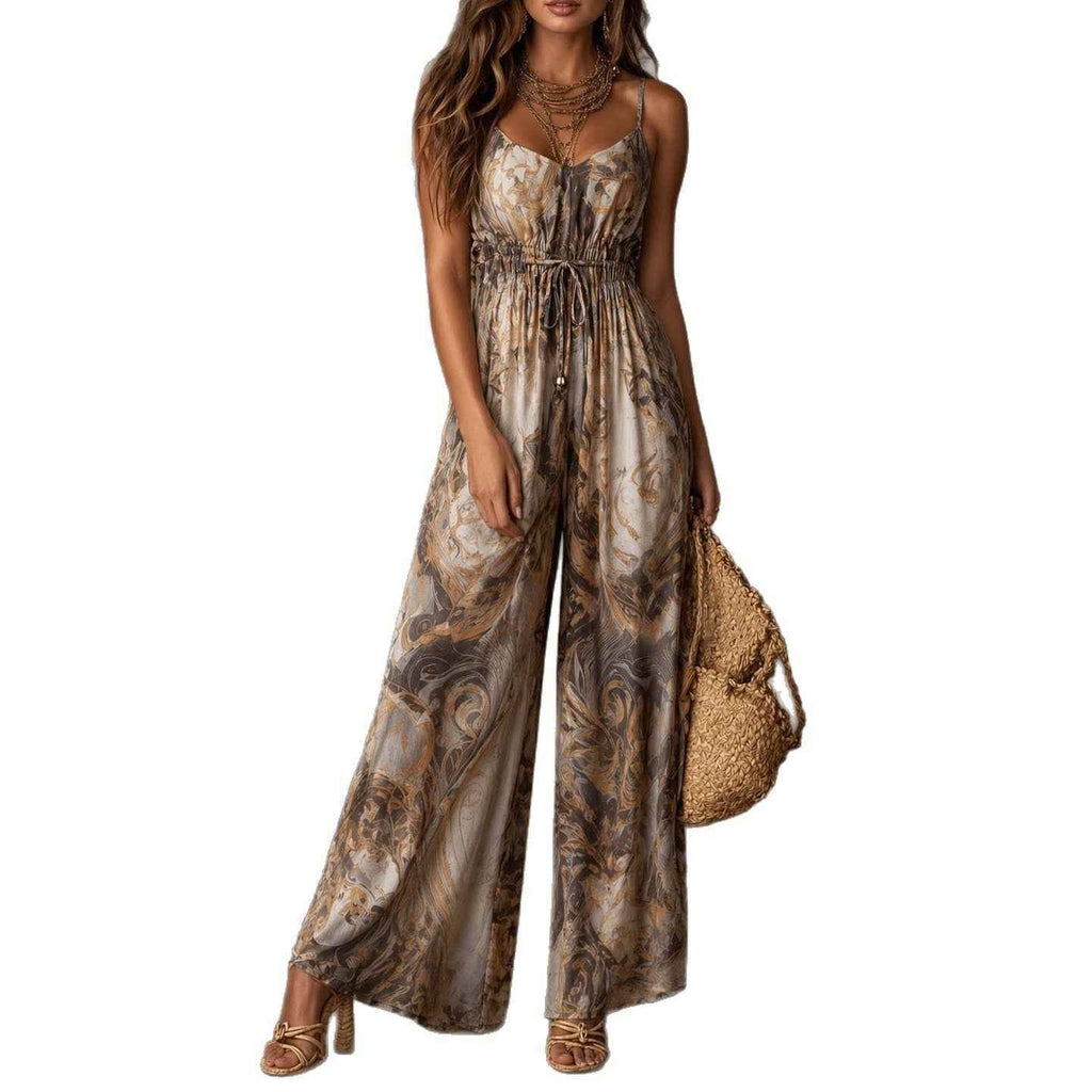 Printed camisole backless loose wide leg jumpsuit