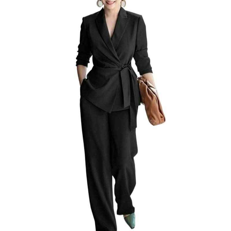 Women's casual solid color suit lace up top and pants two-piece set - MODALIFE