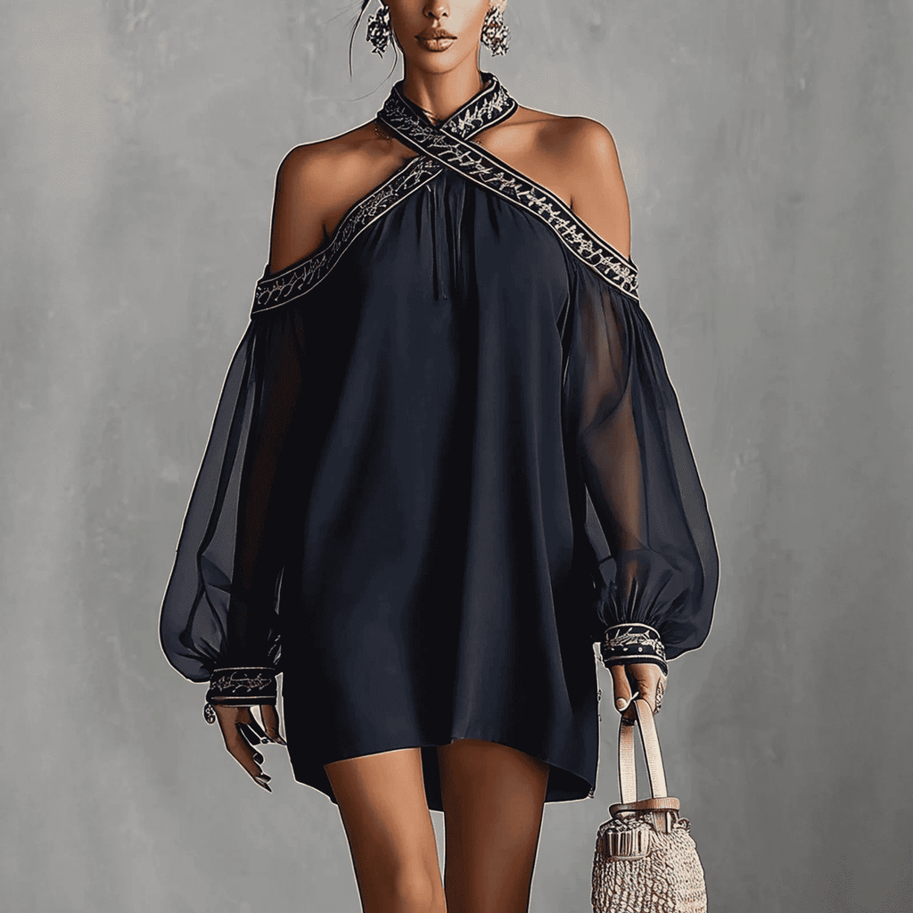 Fashion Design Embroidered Strapless Dress with Off-Shoulder Sheer Lantern Sleeve Loose Slimming Resort Style - MODALIFE