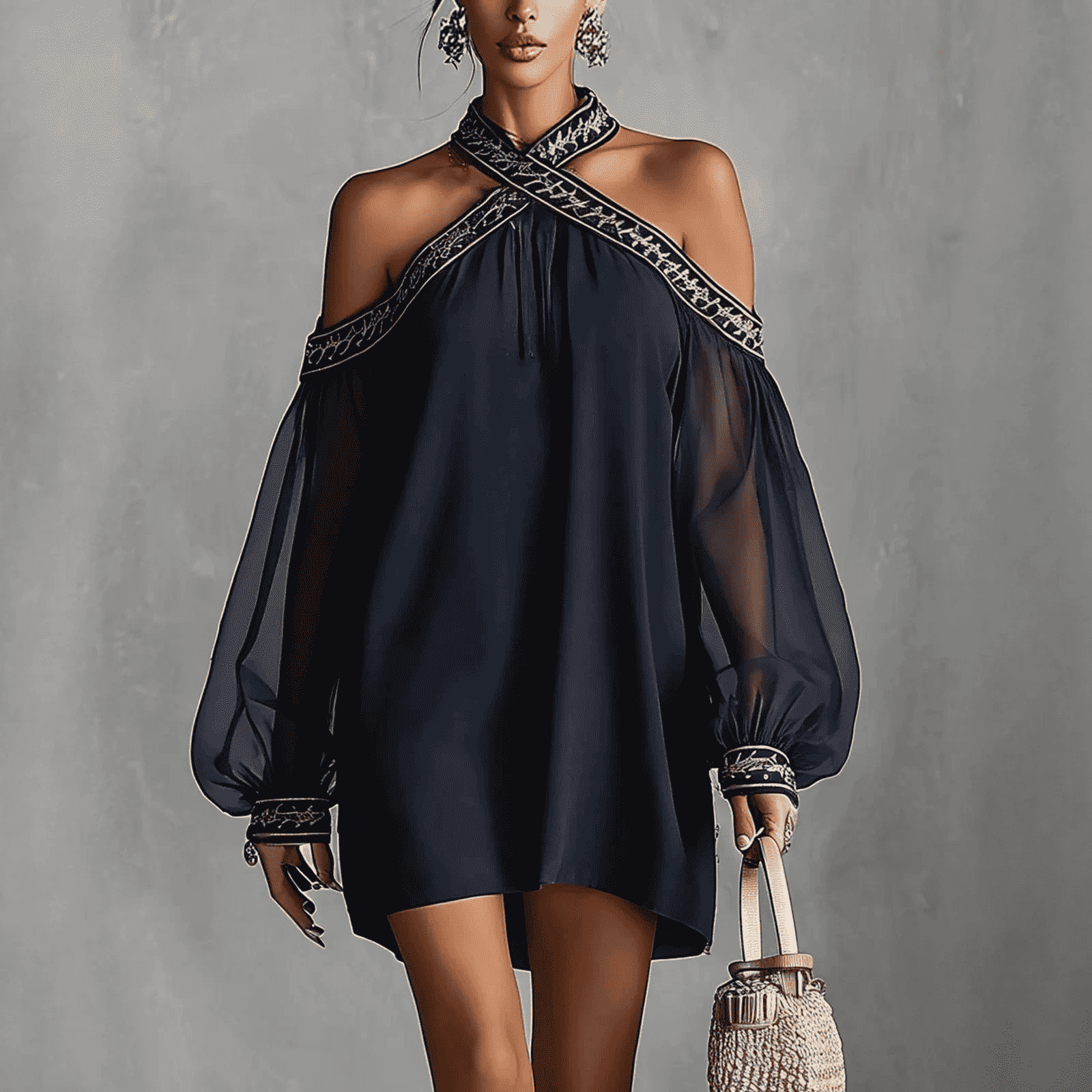 Fashion Design Embroidered Strapless Dress with Off-Shoulder Sheer Lantern Sleeve Loose Slimming Resort Style - MODALIFE