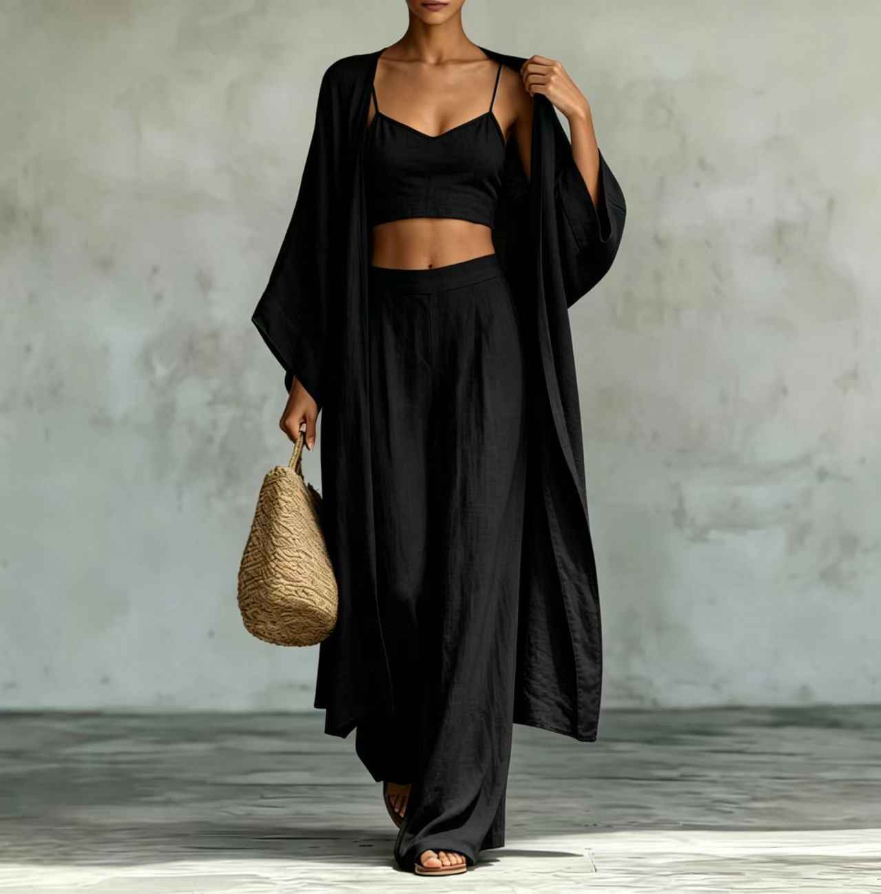 Loose cardigan short strap high waist wide leg pants set - MODALIFE