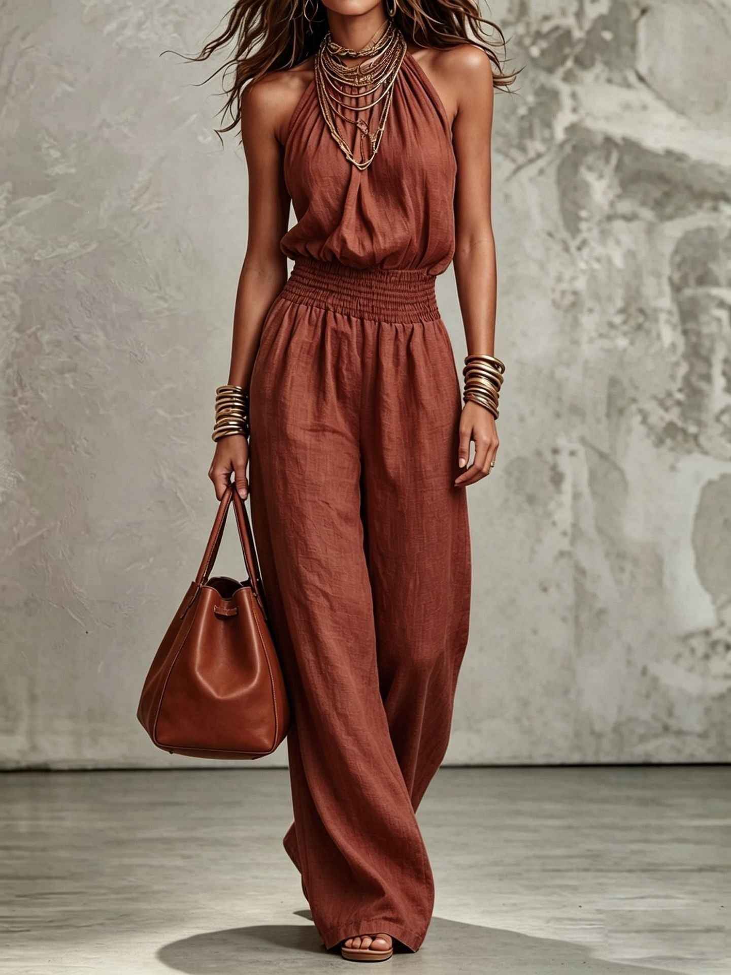 Sleeveless Backless Waist-Tie Halter Wide-Leg Jumpsuit for Women - MODALIFE