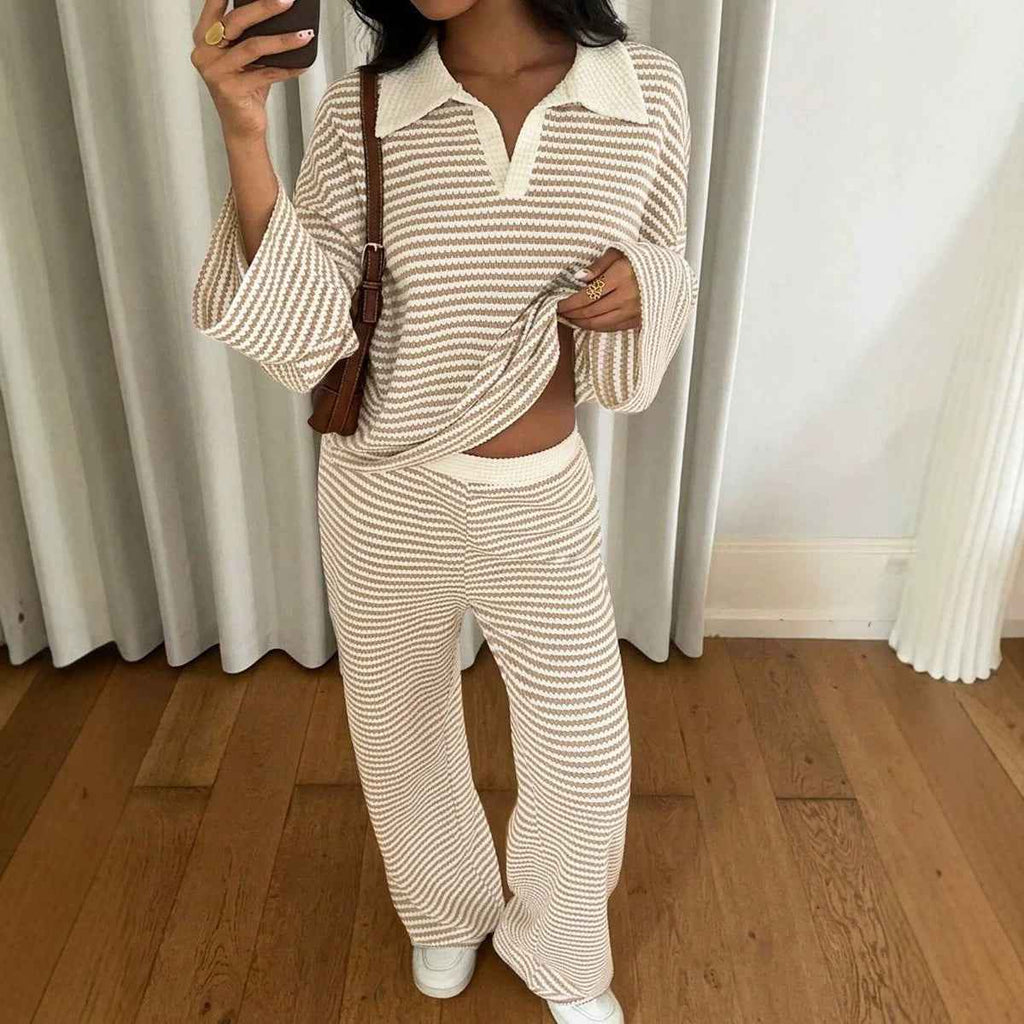 Long sleeved contrasting striped wide leg pants set - MODALIFE