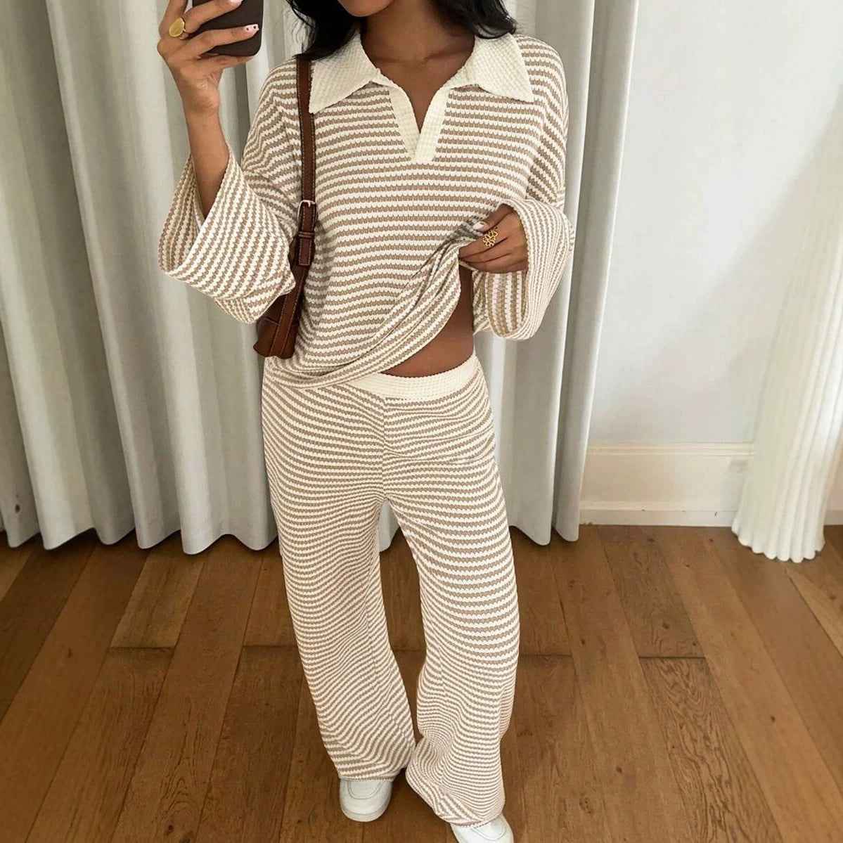 Long sleeved contrasting striped wide leg pants set - MODALIFE