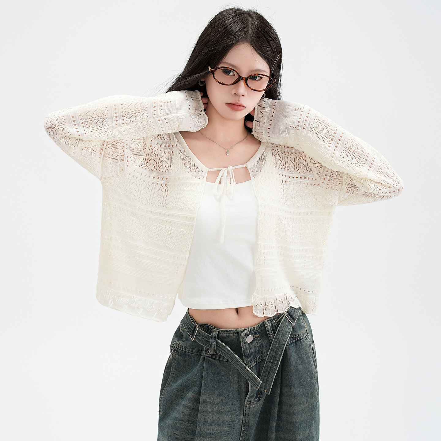 Hollow Linen Knit Cardigan for Women Lightweight Tie-Back Long Sleeve Shawl Cover-Up Top