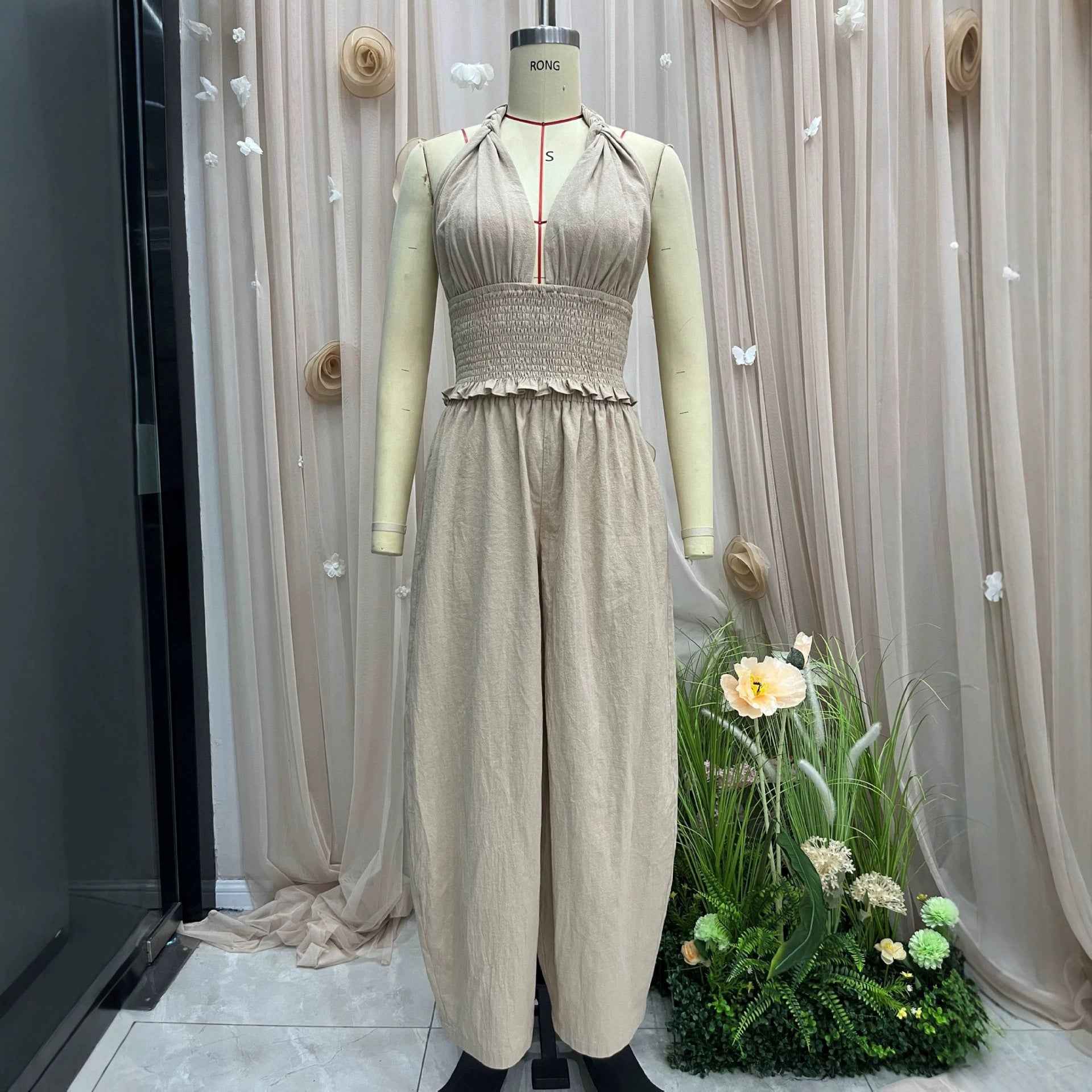 Hanging neck V-neck short top+loose lantern pants linen two-piece set for women - MODALIFE