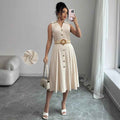 V-neck sleeveless breasted waistband A hem shirt dress for women - MODALIFE