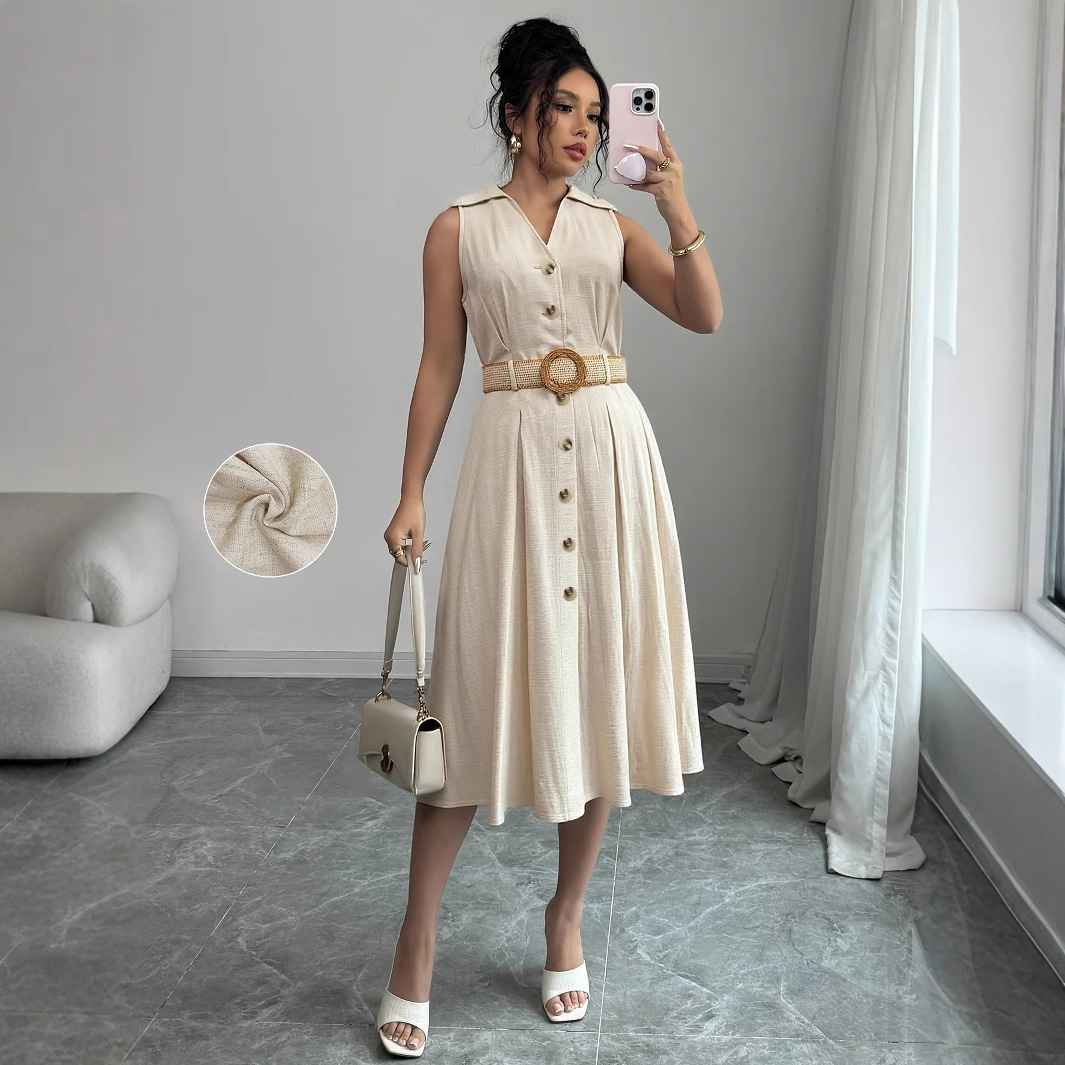 V-neck sleeveless breasted waistband A hem shirt dress for women - MODALIFE