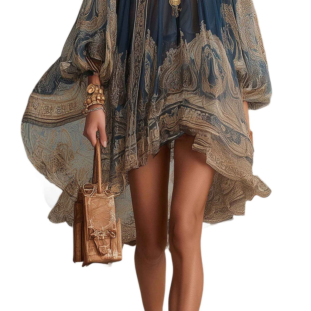 Printed Long Sleeve High Neck Loose Dress - MODALIFE
