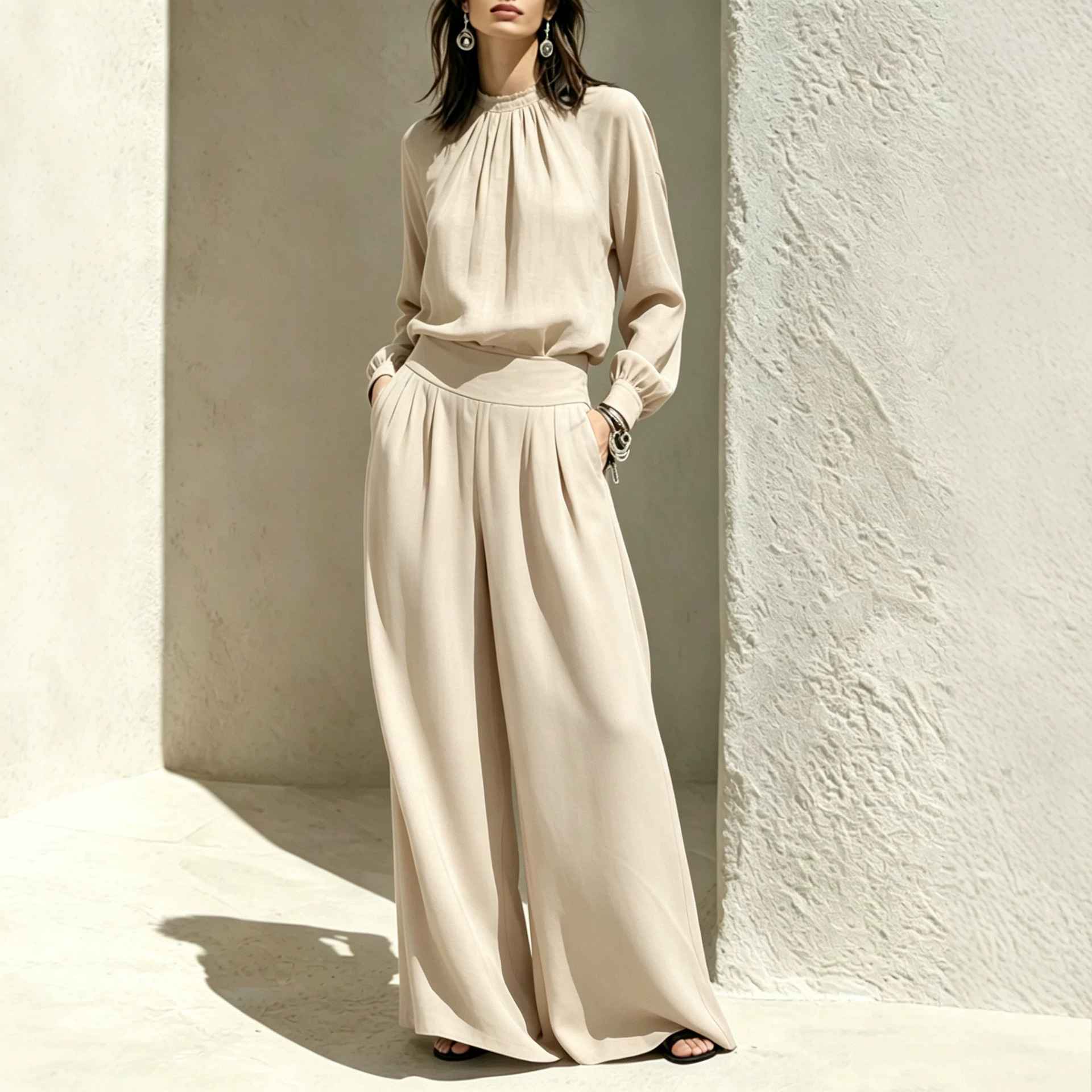Casual Solid Color Long Sleeve Stand-up Collar Loose Fit Women's Fashion Set BlouseWide-leg Pants - MODALIFE