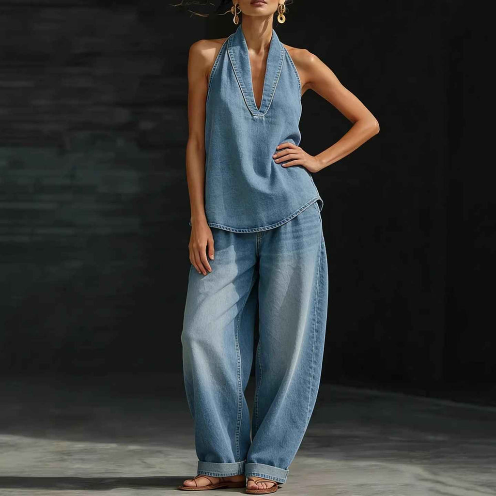 V-neck sleeveless top straight leg pants set - MODALIFE