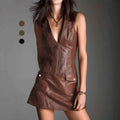 Fashion Sexy Biker Style Leather Zipper V-Neck Sleeveless Fitted Dress for Women - MODALIFE