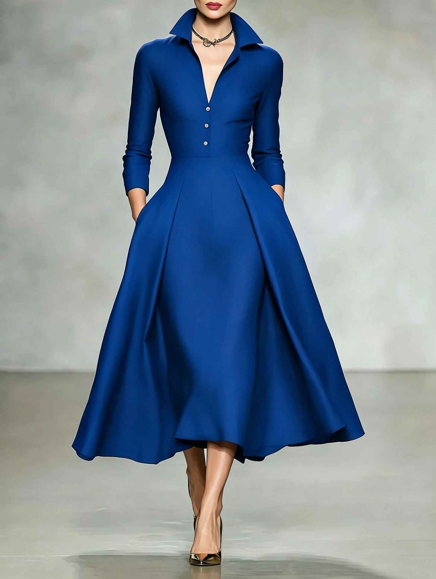 V-neck waist cinched long sleeved dress - MODALIFE
