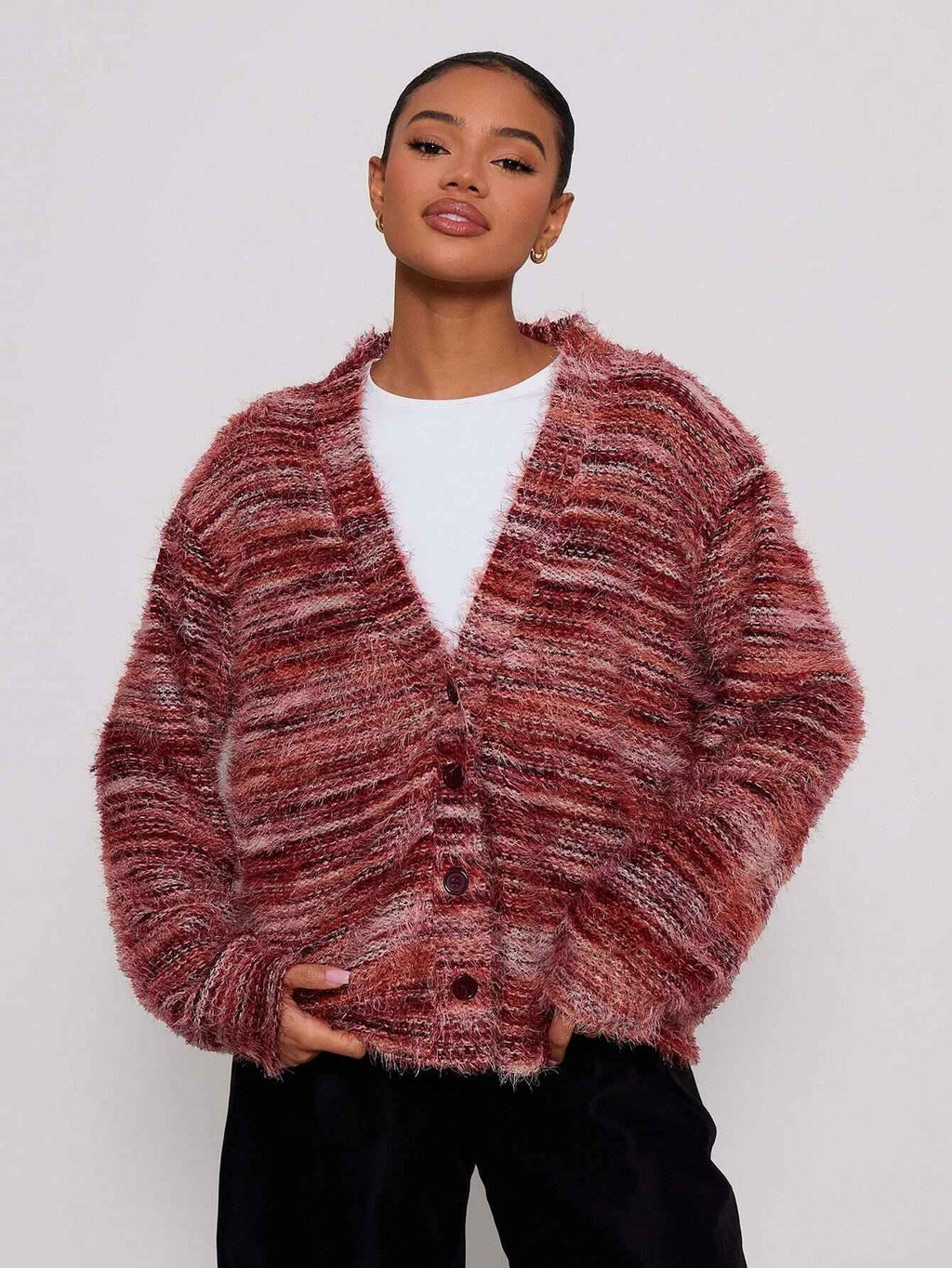 Fashionable Vintage Deep V-Neck Melange Fleece Long Sleeve Cardigan - MODALIFE
