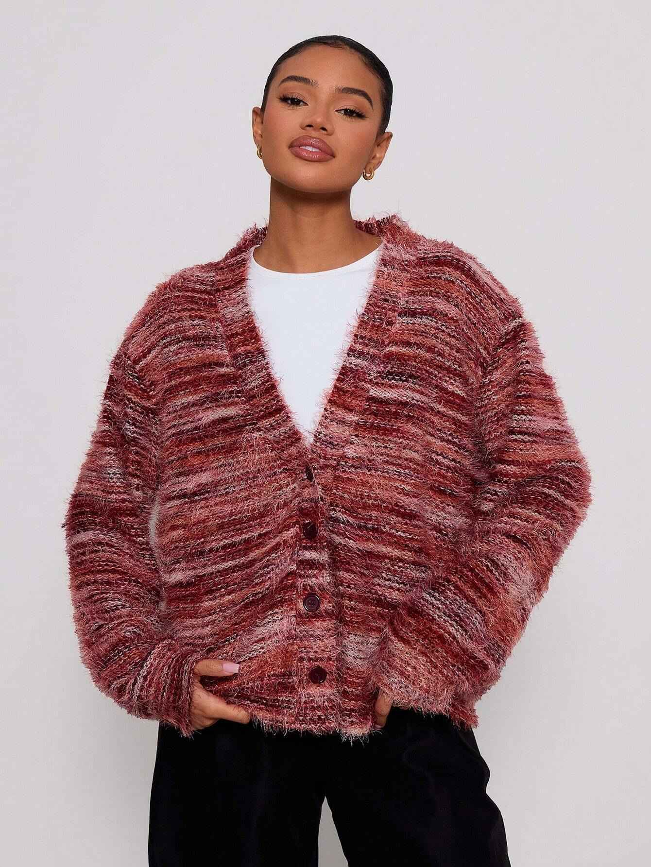 Fashionable Vintage Deep V-Neck Melange Fleece Long Sleeve Cardigan - MODALIFE