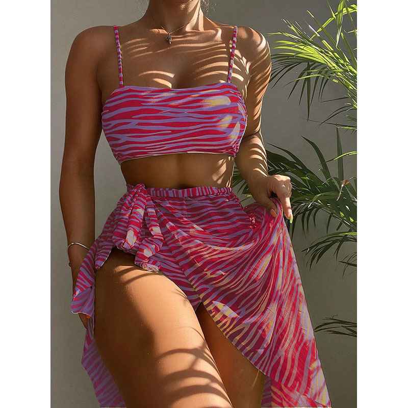 Sexy Striped Bikini Three-Piece Swimwear Set with Beach Dress - MODALIFE