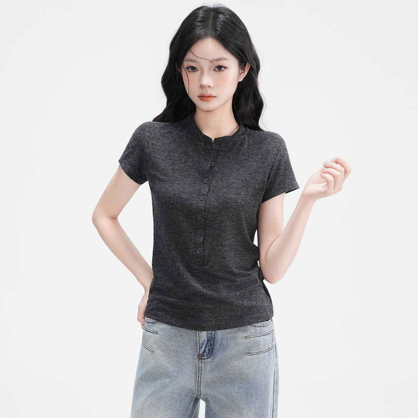 Elegant Half-Open Collar Buttoned Shoulder Design Short Sleeve T-Shirt for Women - MODALIFE