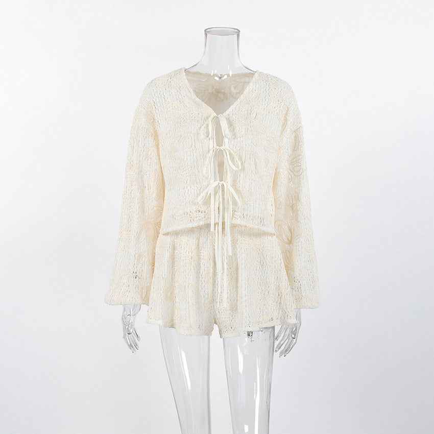V-neck long sleeved lace up top and shorts two-piece set - MODALIFE