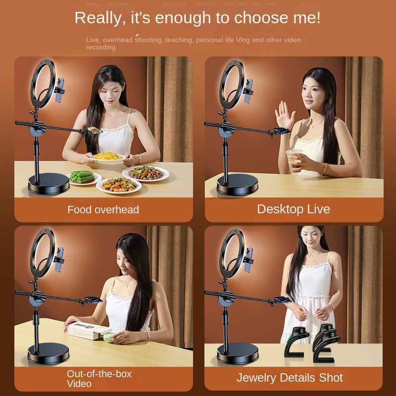 Mobile Phone Overhead Shooting Stand for Food Photography, Drawing, and Live Streaming - Adjustable Dual-Camera Position Desktop Phone Holder with Fill Light