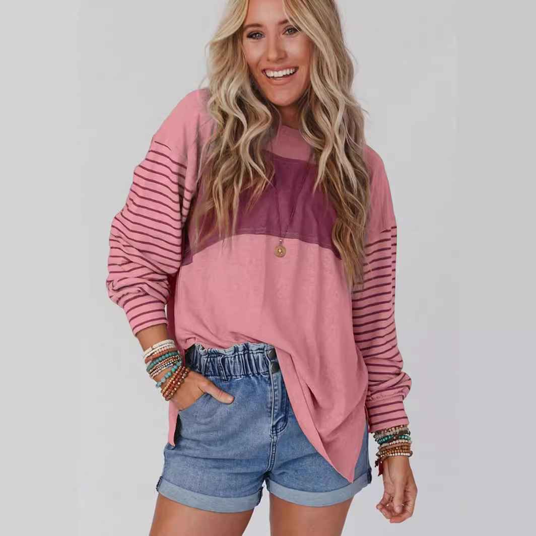 Women's casual color-blocked striped long sleeve round neck pullover t-shirt - MODALIFE