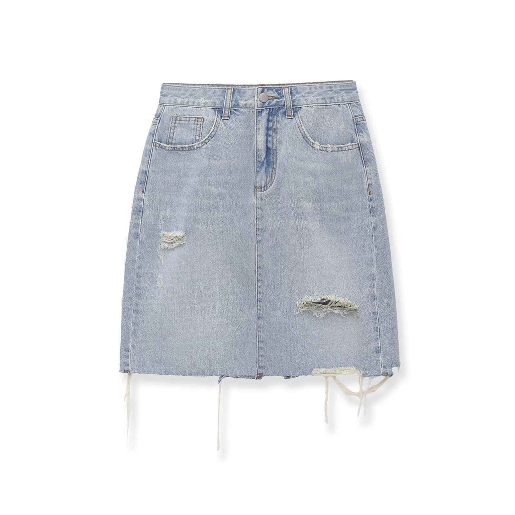 Mid waist perforated casual denim skirt
