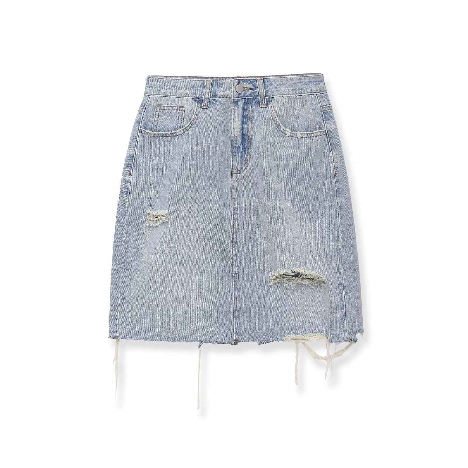 Mid waist perforated casual denim skirt