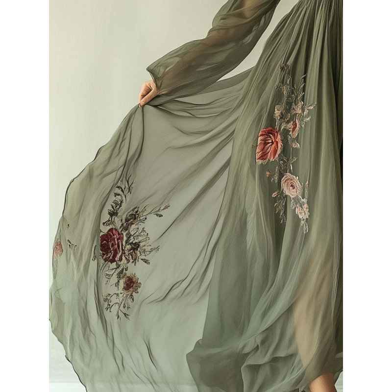 Printed long sleeved long collar dress long skirt - MODALIFE
