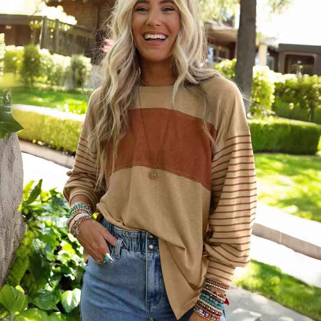 Women's casual color-blocked striped long sleeve round neck pullover t-shirt - MODALIFE