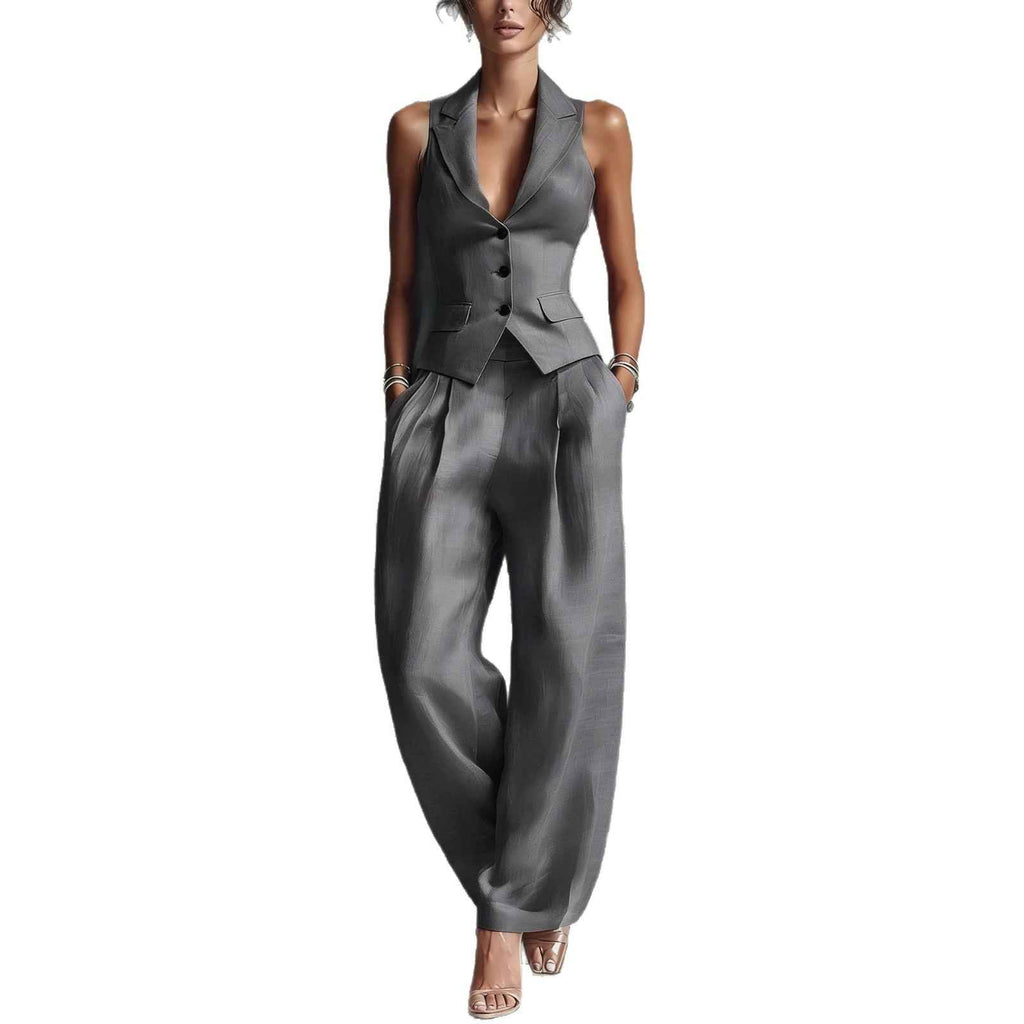 Flip collar single breasted vest long pants two-piece set - MODALIFE