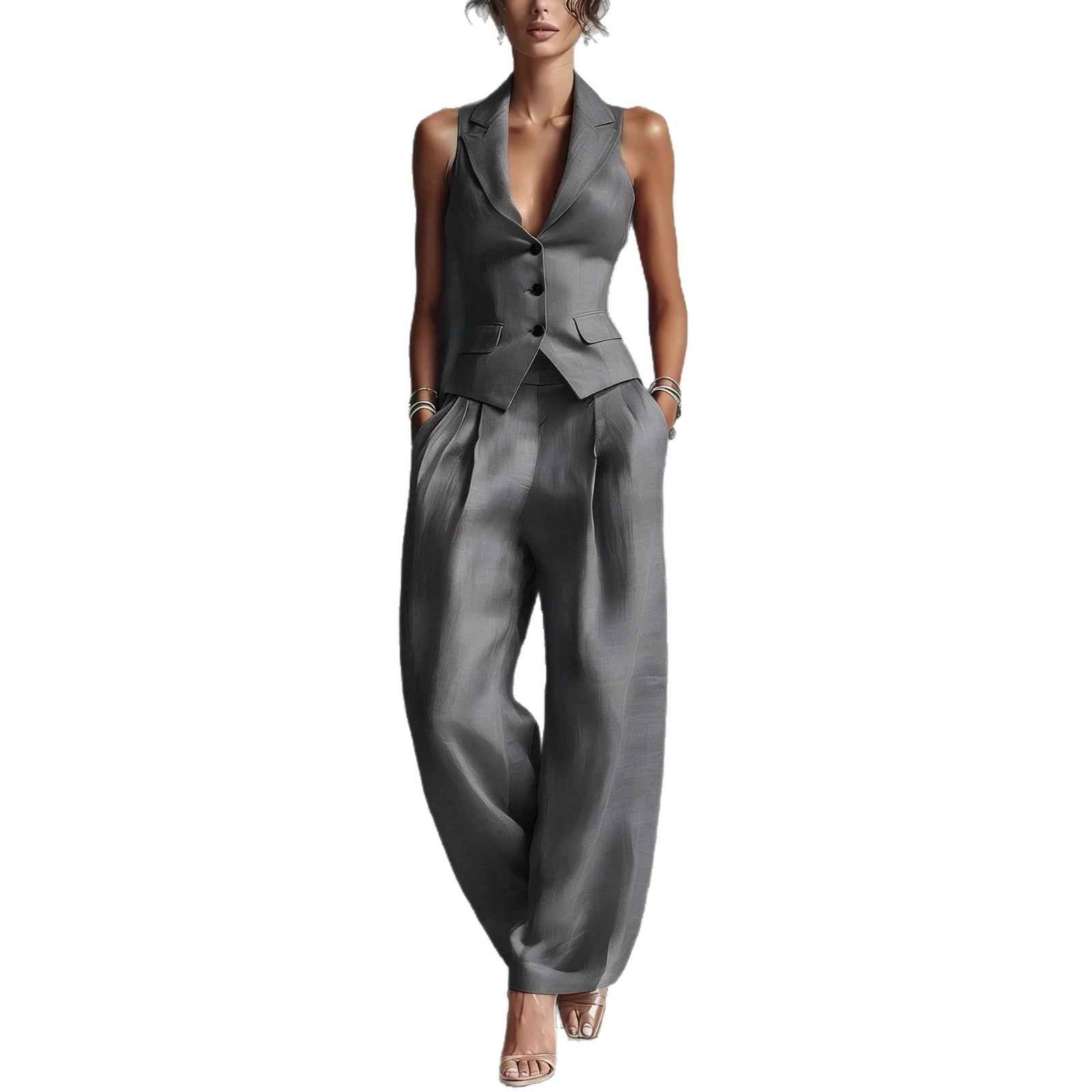 Flip collar single breasted vest long pants two-piece set - MODALIFE