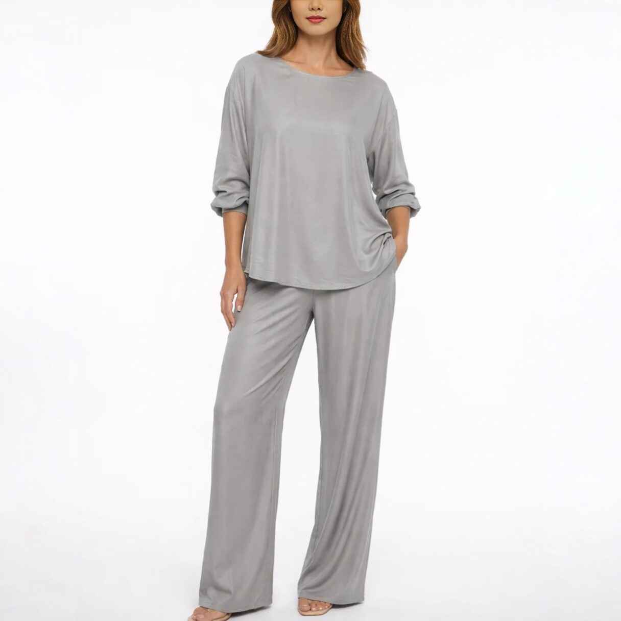 Solid color loose casual suit wide leg pants two-piece set - MODALIFE