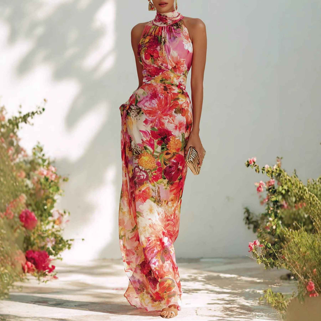 Elegant Floral Strapless Sleeveless Fitted Chiffon Dress - MODALIFE