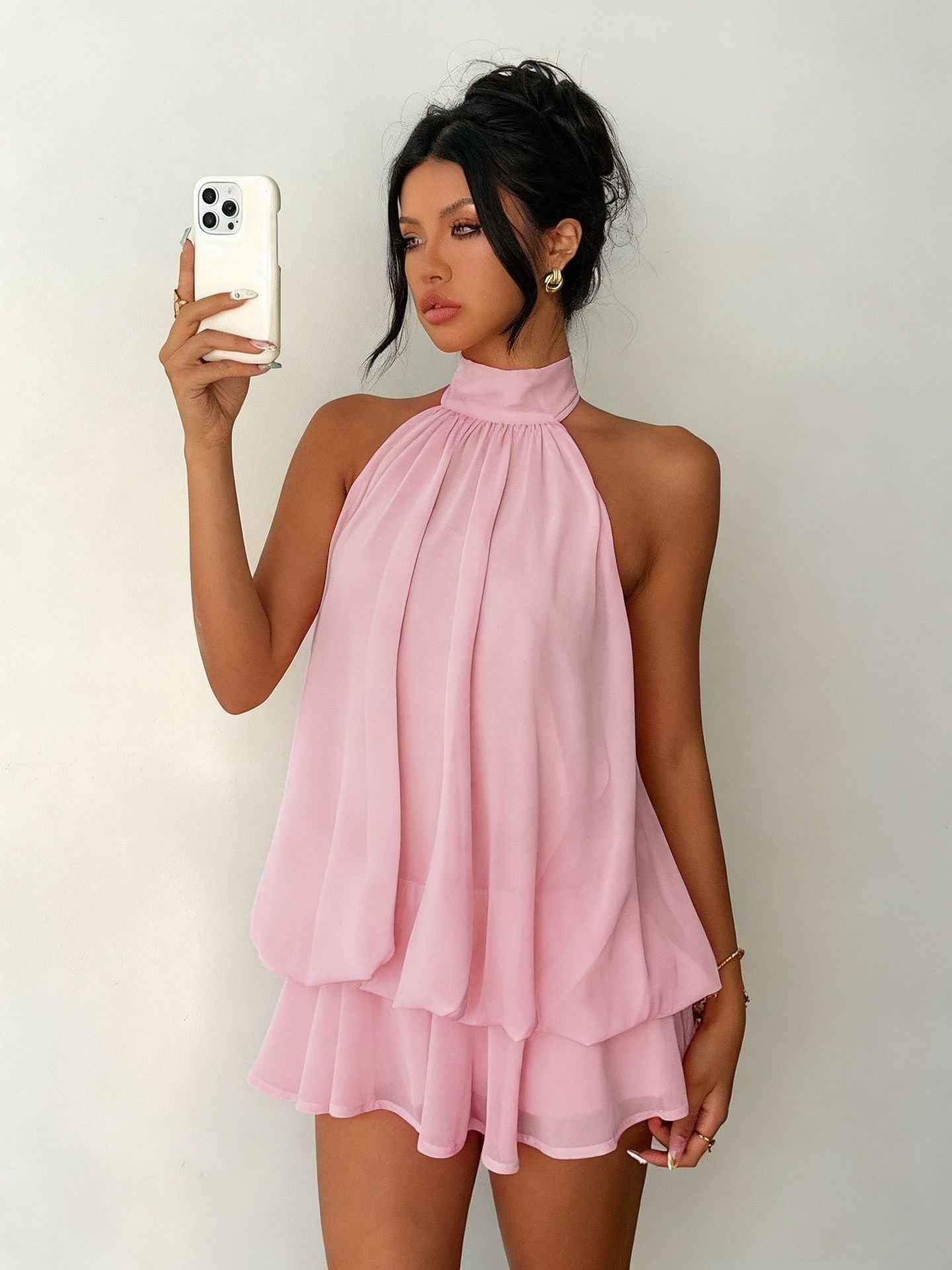 Women's vacation fitted sexy backless halter neck tie-waist dress with puffy short skirt - MODALIFE