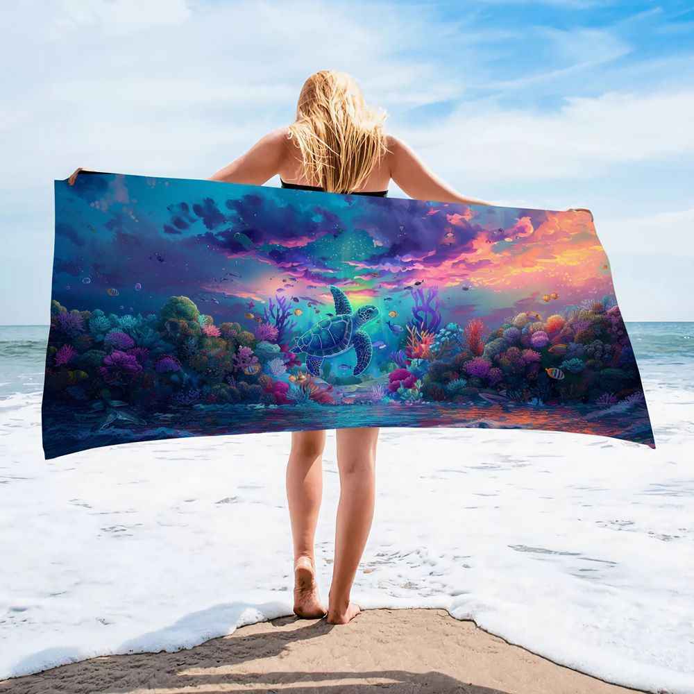 Ocean Turtle Pattern Beach Towel Ultra-Fine Fiber Quick-Dry Double-Sided Fleece Bath Towel Sand Blanket
