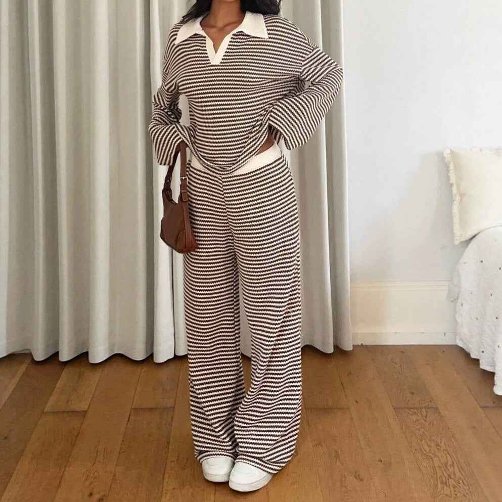 Long sleeved contrasting striped wide leg pants set - MODALIFE