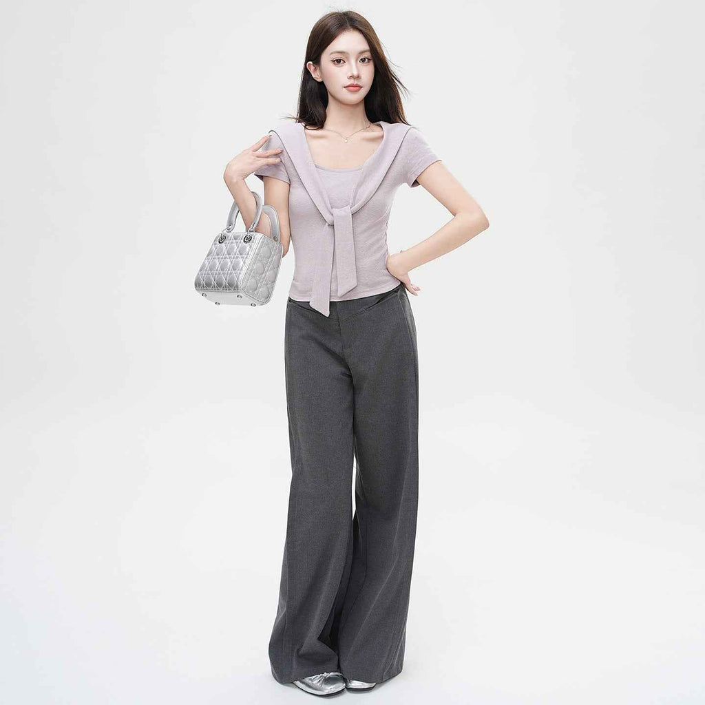False Two-Piece Design Shoulder Cape V-Neck Short Sleeve T-Shirt Women's Unique Fitted Crop Top - MODALIFE