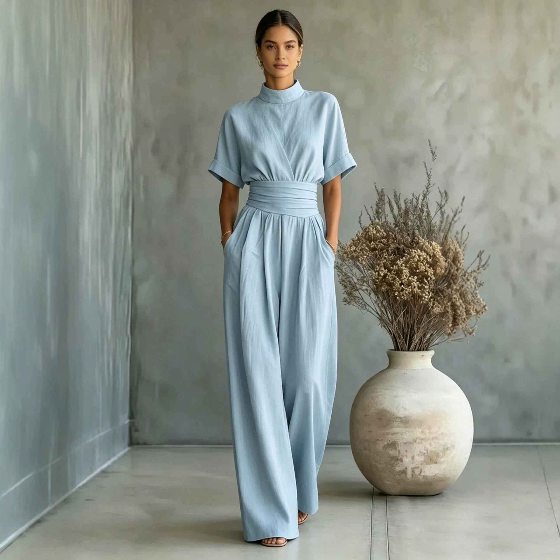 Half high neck short sleeved wide leg jumpsuit - MODALIFE