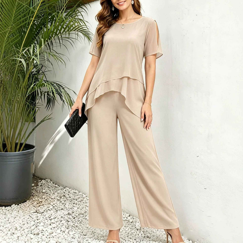 Irregular top wide leg long pants two-piece set
