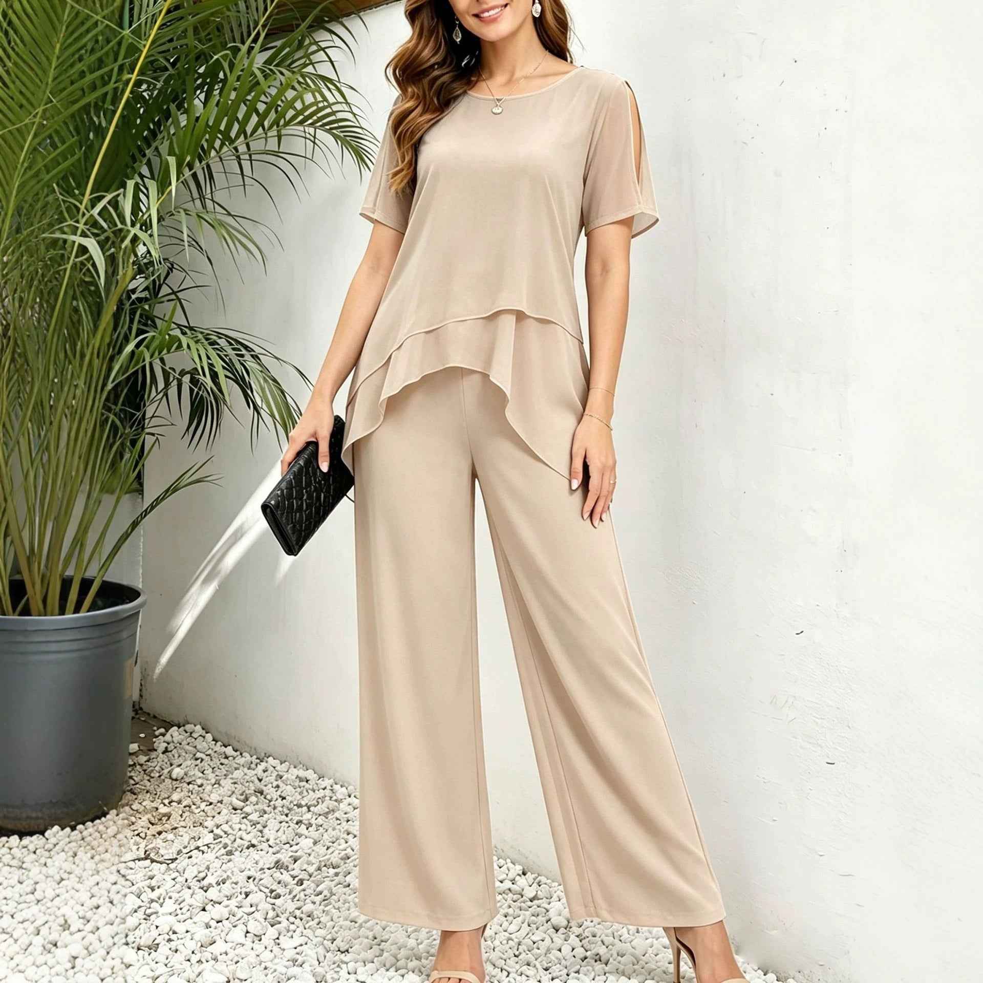 Irregular top wide leg long pants two-piece set