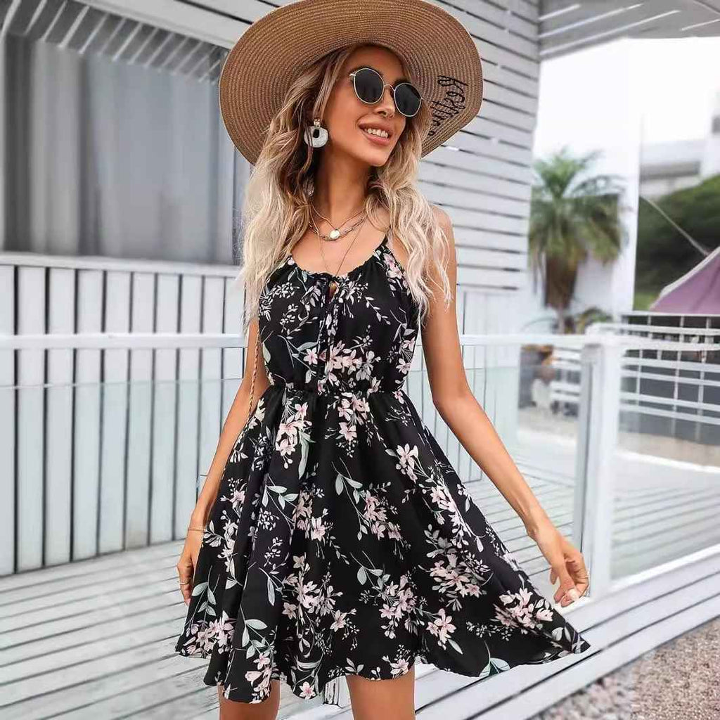 Elegant Sleeveless Printed Dress with Elastic Waist and Straps for Women - MODALIFE