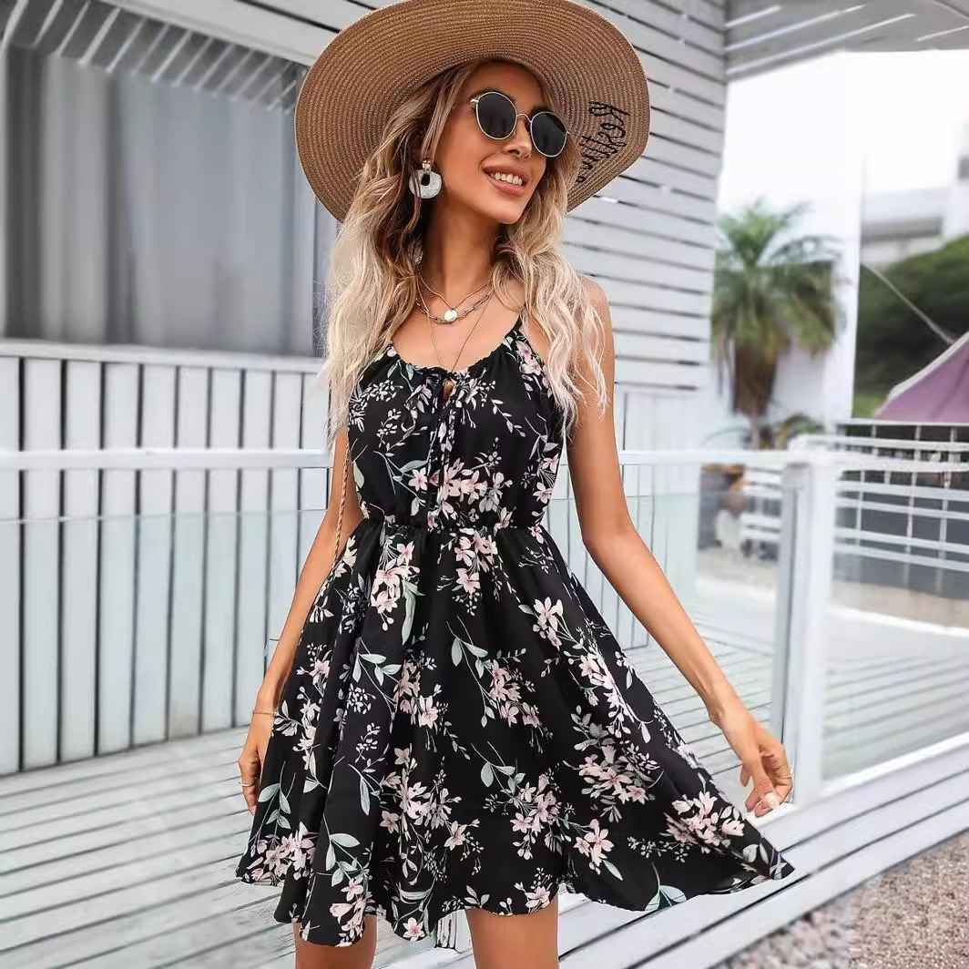 Elegant Sleeveless Printed Dress with Elastic Waist and Straps for Women - MODALIFE