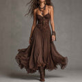 Chiffon Printed Strap Fitted Long Dress, Vintage Flowy Maxi Dress - MODALIFE
