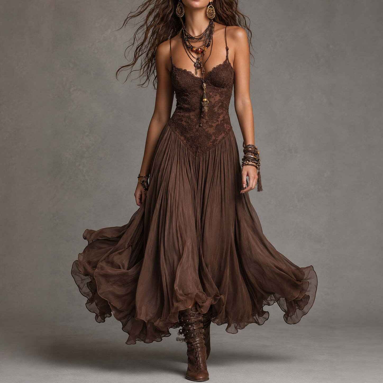 Chiffon Printed Strap Fitted Long Dress, Vintage Flowy Maxi Dress - MODALIFE