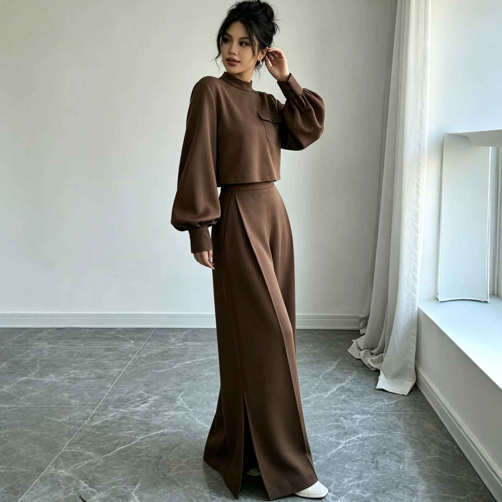 Solid color wide leg pants set for women - MODALIFE