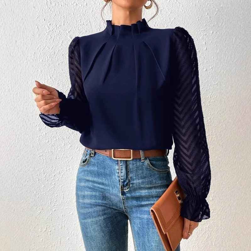 Autumn Winter New Women's High Neck Spliced Wave Pattern Chiffon Long Sleeve Top - MODALIFE